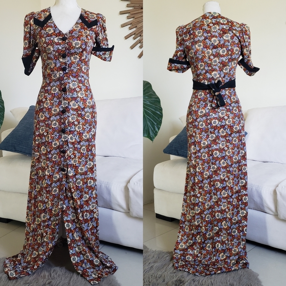 Vintage 70s/80s California Holiday Floral Print Maxi Button Dress